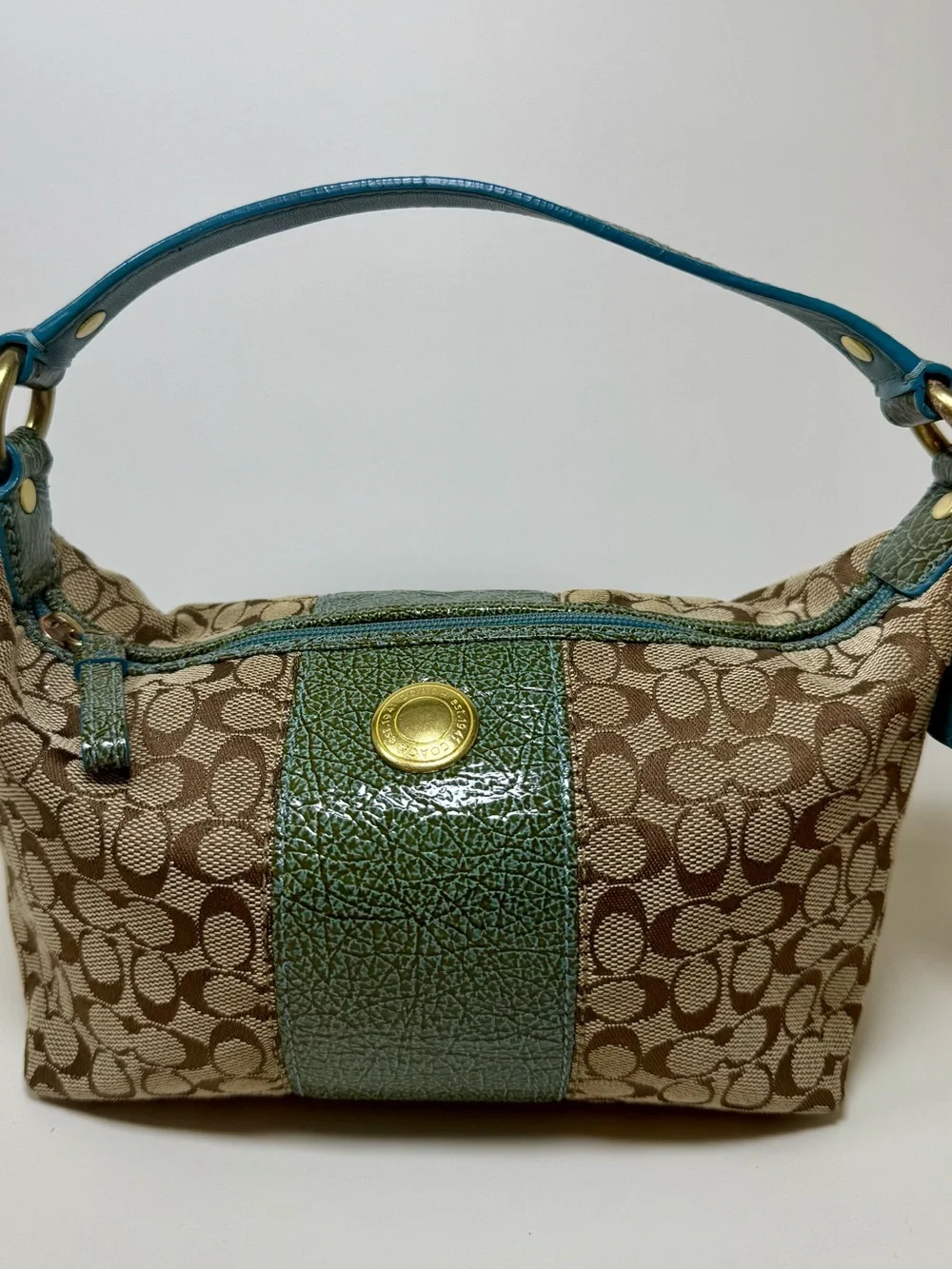 Coach 41066 Signature Jacquard Demi Shoulder Bag Teal Blue Leather Y2K